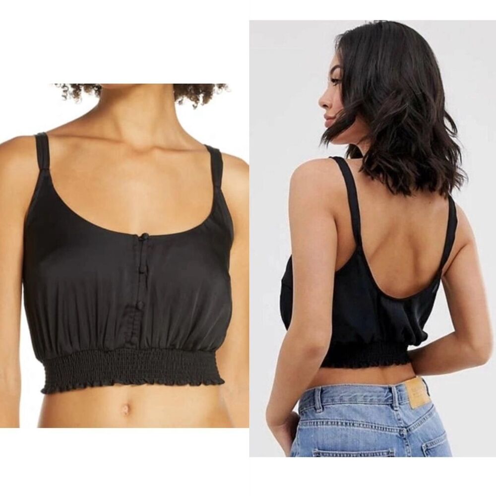 Free People Intimately You Honey Black Satin Crop Top Size Small Boho Indie